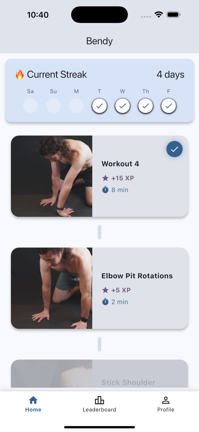 Bendy home screen showing daily streak and workout timeline